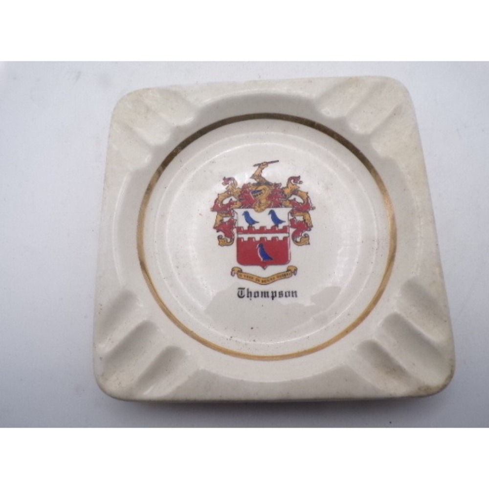 Vintage Thompson Family Coat of Arms Ceramic Ashtray Gold Trim Heraldic Crest